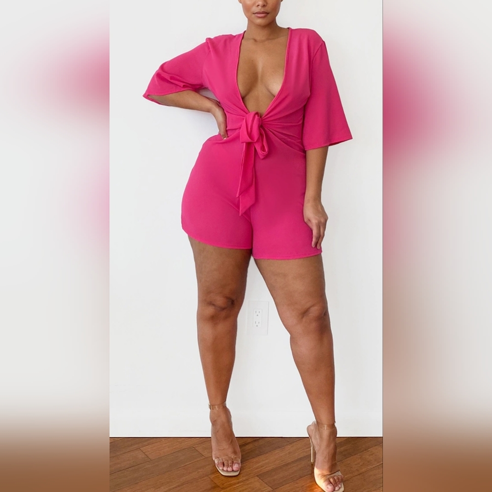 NWT PRETTYLITTLETHING Plus Fushcia Tie Waist Women's Romper Size 22